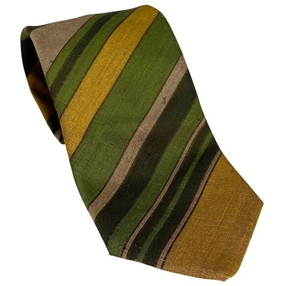BJ Ernst Rare Collectible Vintage 1960's Green Yellow Striped Retro Neck Tie - Picture 1 of 9